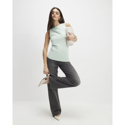 Green Sleeveless Slash Neck Top