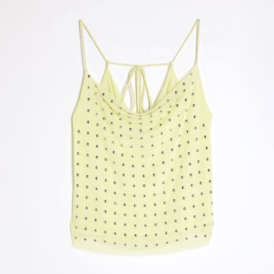 Green Sleeveless Studded Cowl Neck Cami Top