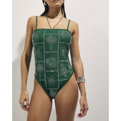 Green Strappy Embellished Swimsuit