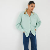 Green Stripe Embellished Collar Shirt