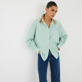 Green Stripe Embellished Collar Shirt