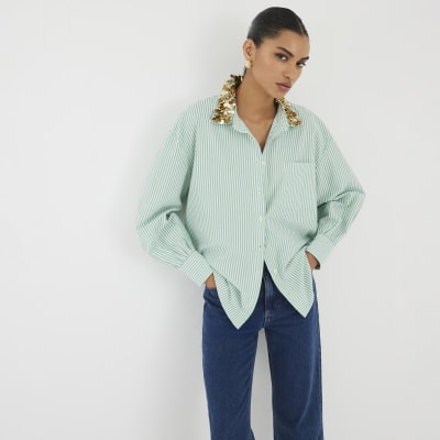 Green Stripe Embellished Collar Shirt