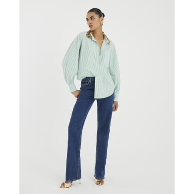 Green Stripe Embellished Collar Shirt