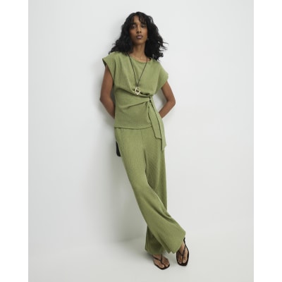 Green Textured Wide Leg Trousers
