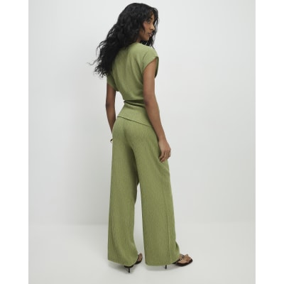 Green Textured Wide Leg Trousers