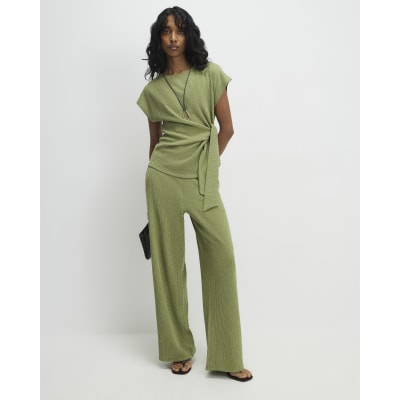 Green Textured Wide Leg Trousers