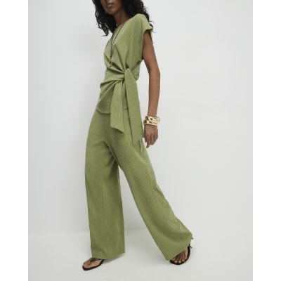 Green Textured Wide Leg Trousers