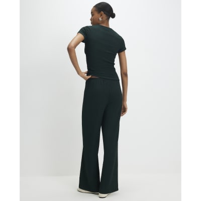 Green Textured Wide Leg Trousers