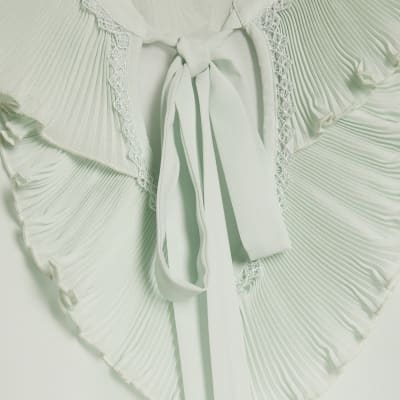 Green Tie Neck Long Sleeve Blouse