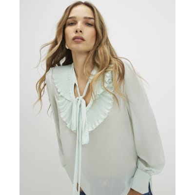 Green Tie Neck Long Sleeve Blouse