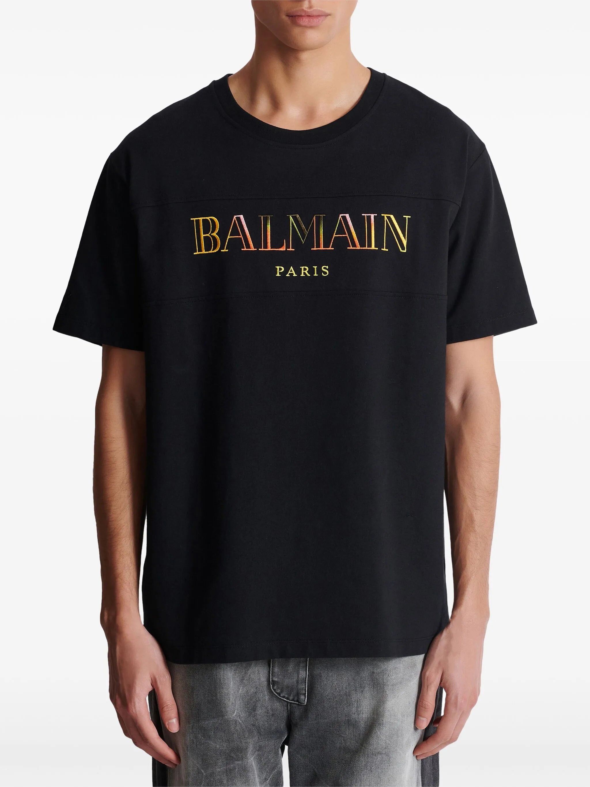 Balmain Paris Multi-Coloured Embroidered Logo Oversized T-Shirt in Black