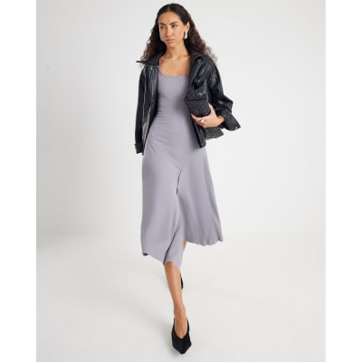 Grey Asymmetric Hem Midi Dress