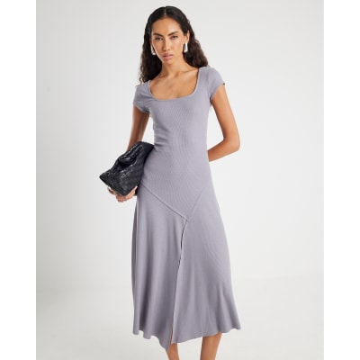 Grey Asymmetric Hem Midi Dress
