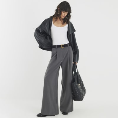 Grey Belted Wide Leg Trousers