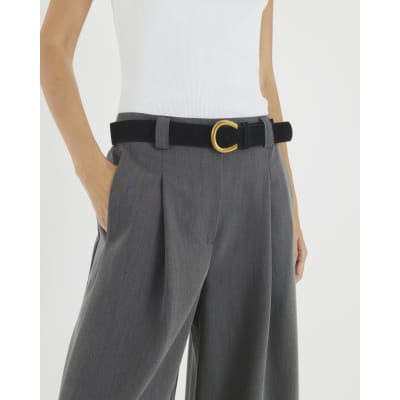 Grey Belted Wide Leg Trousers