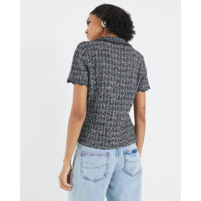Grey Button Detail Boucle Collared Top