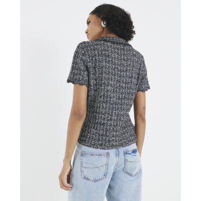 Grey Button Detail Boucle Collared Top