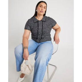 Grey Button Detail Boucle Collared Top