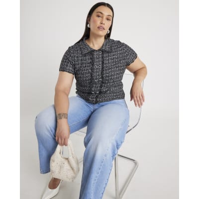 Grey Button Detail Boucle Collared Top