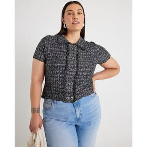 Grey Button Detail Boucle Collared Top