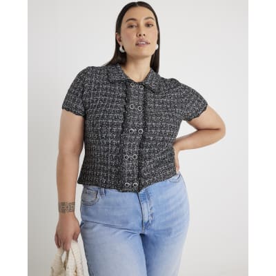 Grey Button Detail Boucle Collared Top