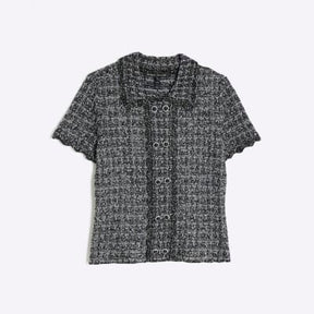 Grey Button Detail Boucle Collared Top