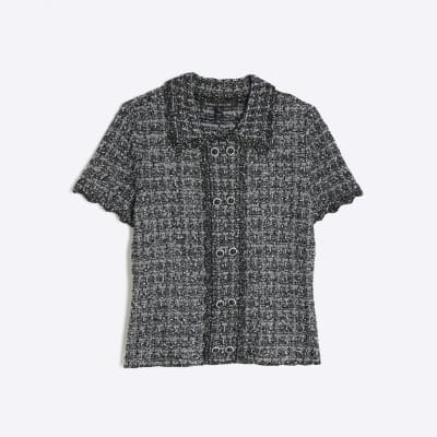 Grey Button Detail Boucle Collared Top
