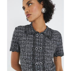 Grey Button Detail Boucle Collared Top