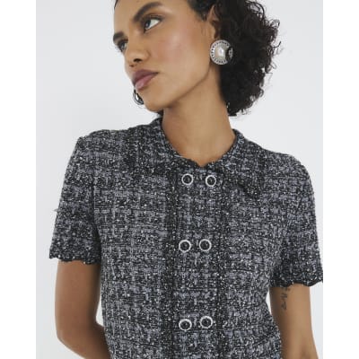 Grey Button Detail Boucle Collared Top