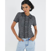 Grey Button Detail Boucle Collared Top