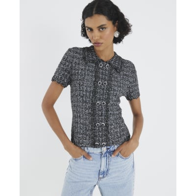 Grey Button Detail Boucle Collared Top
