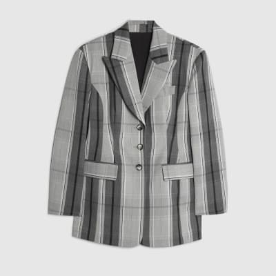 Grey Cinch Waist Check Blazer
