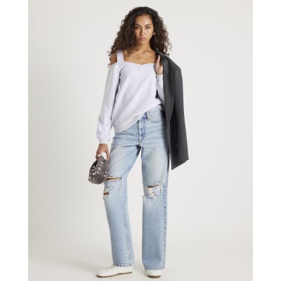 Grey Cut Away Cold Shoulder Detail Sweatshirt