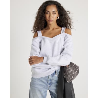 Grey Cut Away Cold Shoulder Detail Sweatshirt