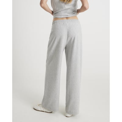 Grey Drawstring Pinstripe Wide Leg Trousers