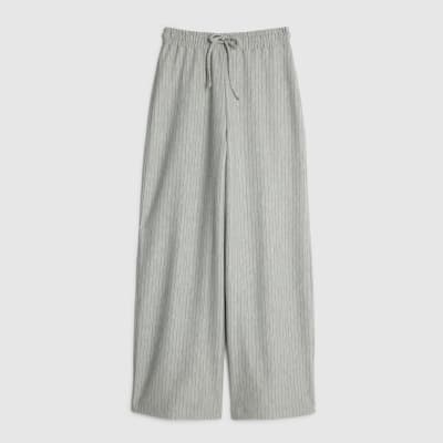 Grey Drawstring Pinstripe Wide Leg Trousers