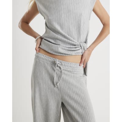 Grey Drawstring Pinstripe Wide Leg Trousers