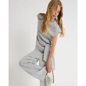 Grey Drawstring Pinstripe Wide Leg Trousers
