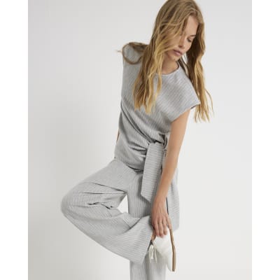 Grey Drawstring Pinstripe Wide Leg Trousers