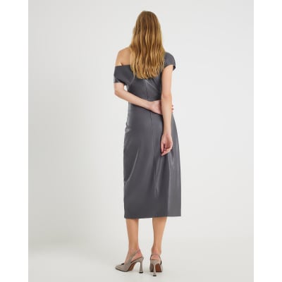 Grey Faux Leather Draped Knot Midi Dress