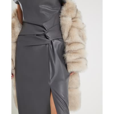 Grey Faux Leather Draped Knot Midi Dress