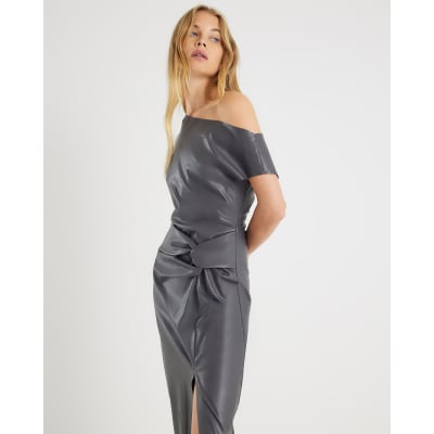 Grey Faux Leather Draped Knot Midi Dress