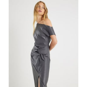 Grey Faux Leather Draped Knot Midi Dress