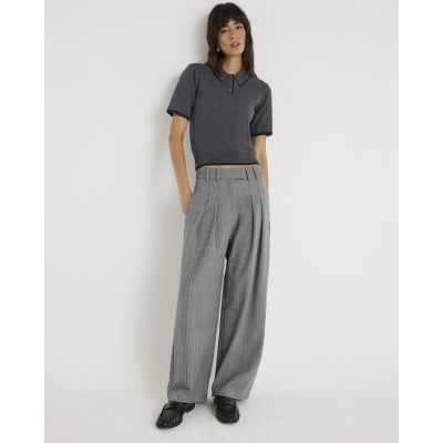Grey Herringbone Wide Leg Trousers