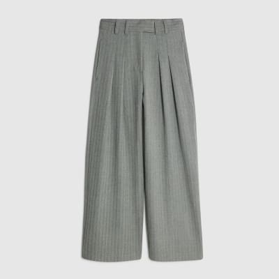 Grey Herringbone Wide Leg Trousers