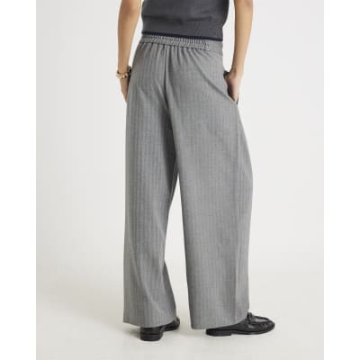 Grey Herringbone Wide Leg Trousers