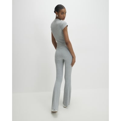 Grey High Waisted Ribbed Flare Leggings