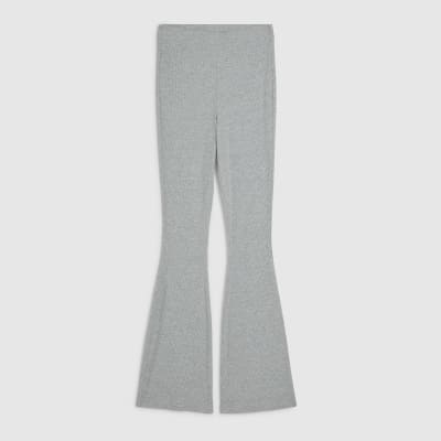 Grey High Waisted Ribbed Flare Leggings