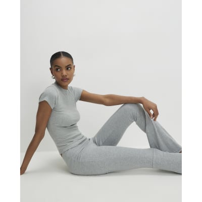 Grey High Waisted Ribbed Flare Leggings