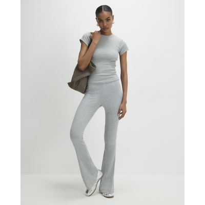 Grey High Waisted Ribbed Flare Leggings